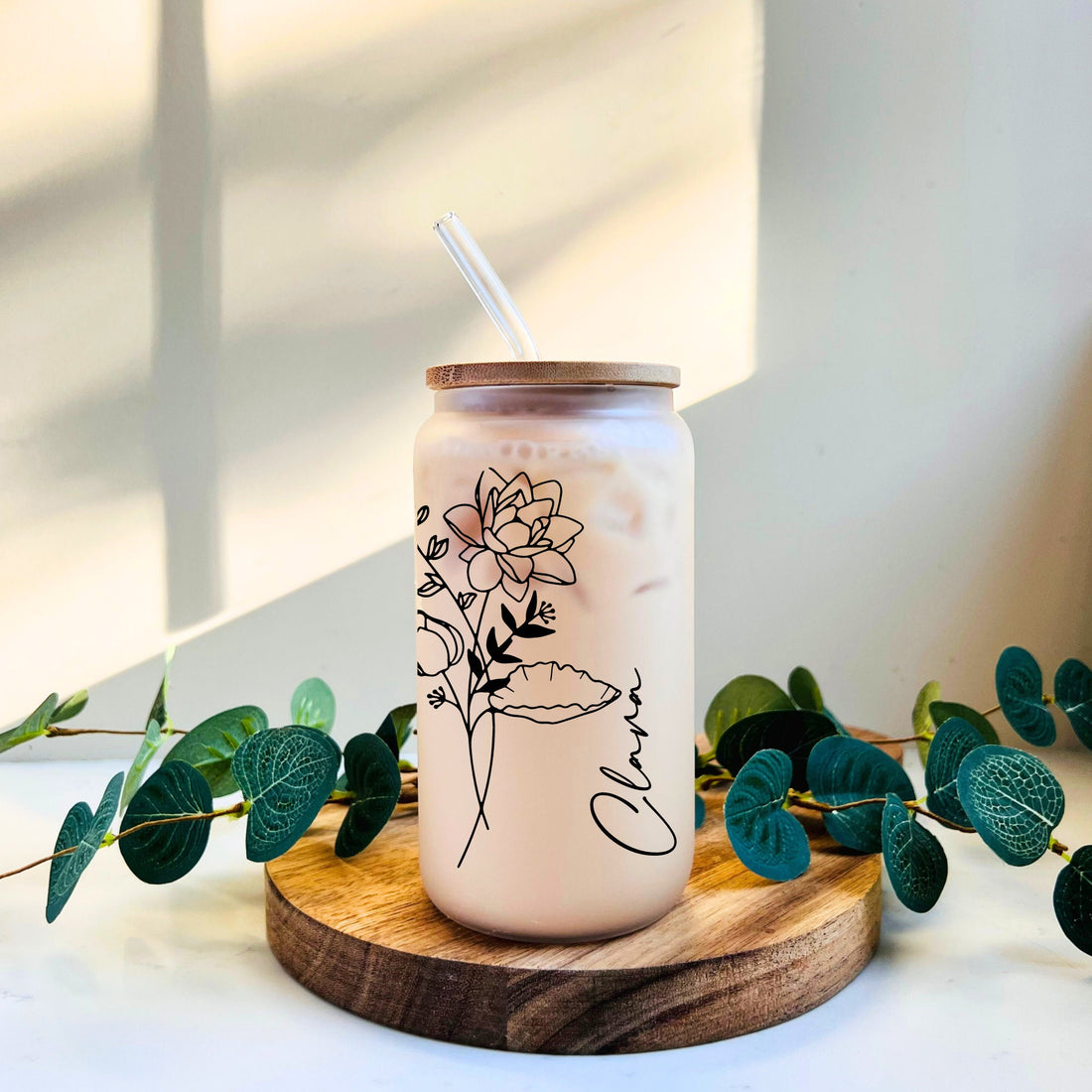 Personalized Birth Flower Tumbler, 16oz Birth Month Flower Glass Cup With Name,Bridesmaid Proposal Gift, Perfect Gift for Her