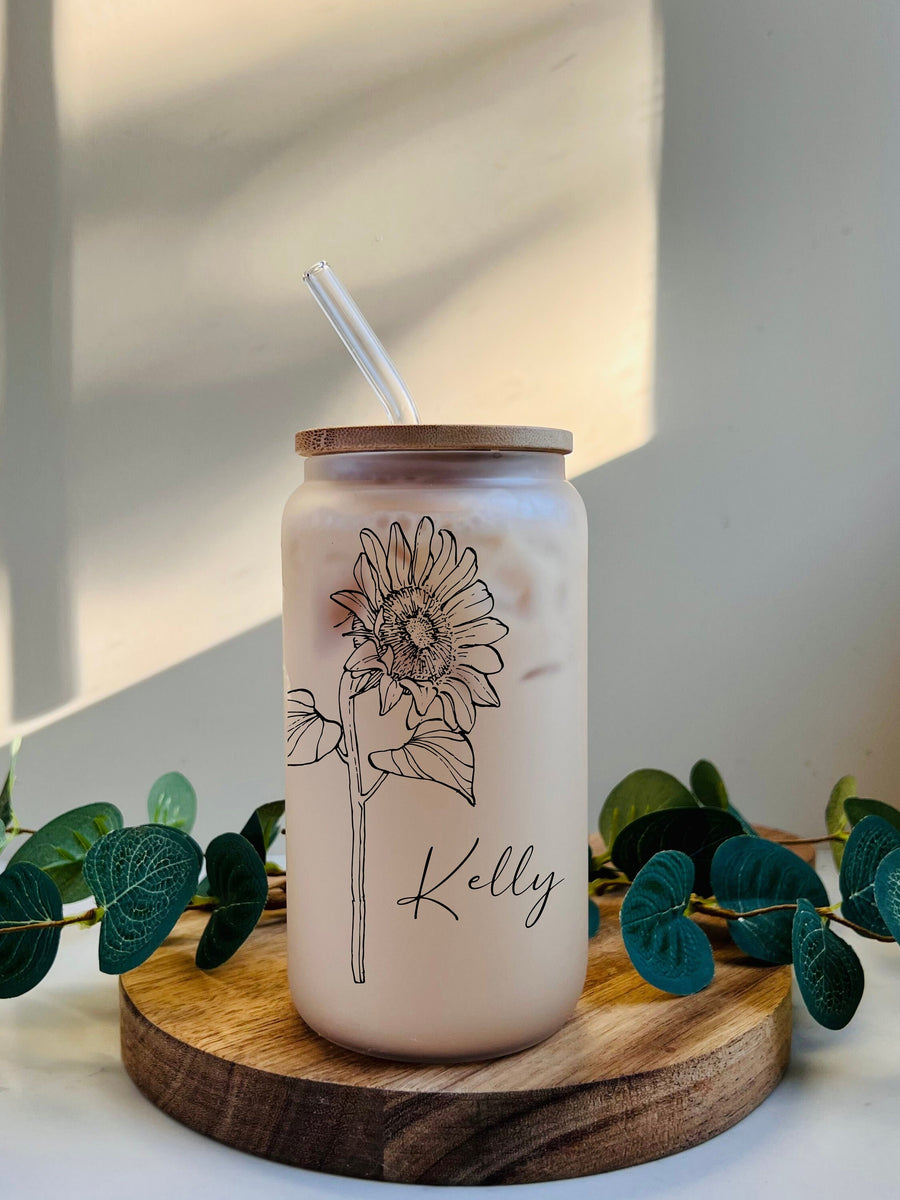 Sunflower Can Glass, Sunflower Frost Glass with Straw, Custom Gifts, Sunflower Tumbler, Tumbler with Name Glass, Custom Glass with Name