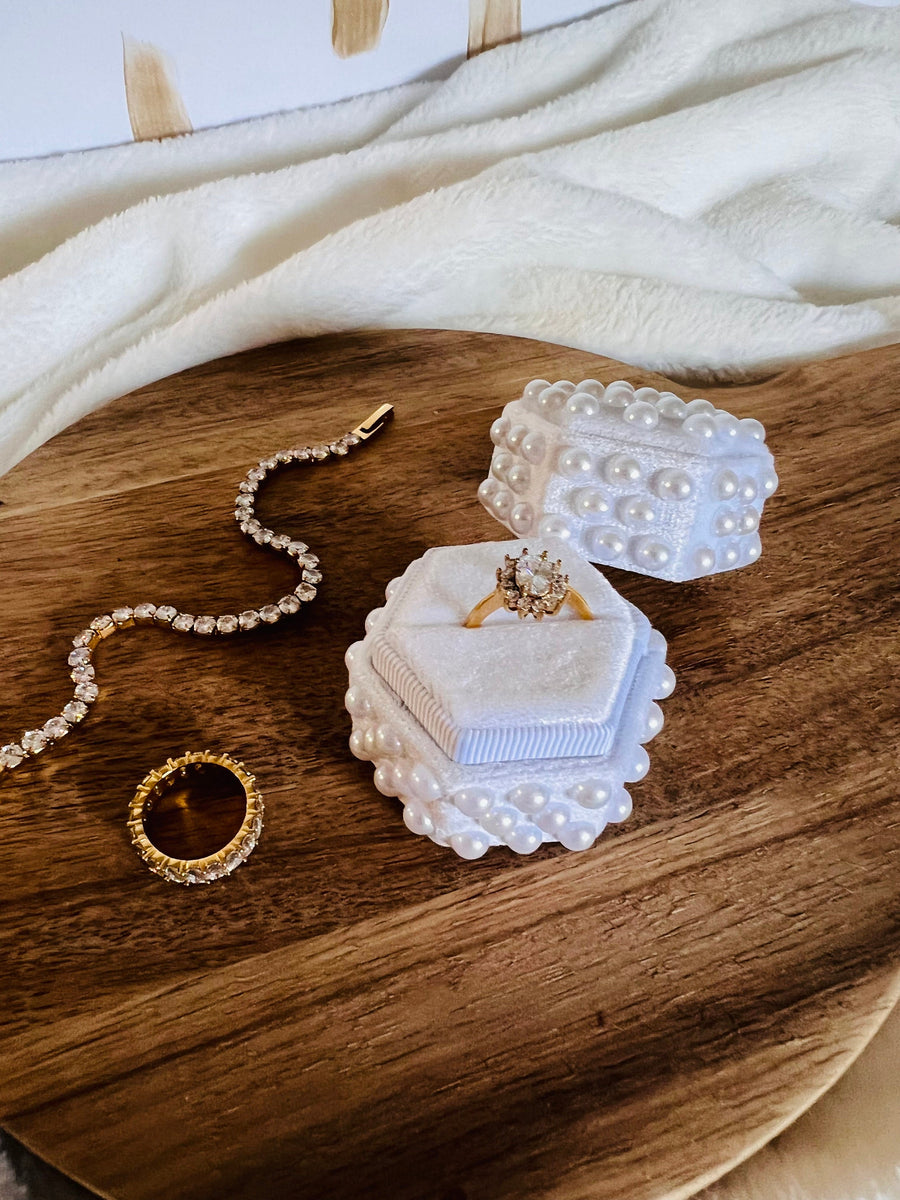 White Wedding Ring Box, Proposal Velvet Ring Box, Personalized Ring Box, Velvet Ring Box, Hexagon Modern Pearl Ring Box,Perfect Bridal Gift