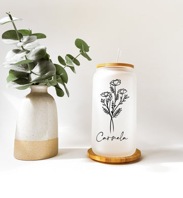 Bridesmaid Proposal Gift, Bridesmaid Glass Tumbler, Flower Glass Can, Bachelorette Party Glass, Custom Gifts, Personalized Glass with Straw