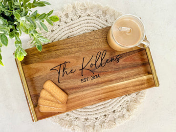 Serving Tray with Handles, Wedding Engagement Gift, Personalized Housewarming Gift, Custom Wood Serving Tray, Engraved Charcuterie Board