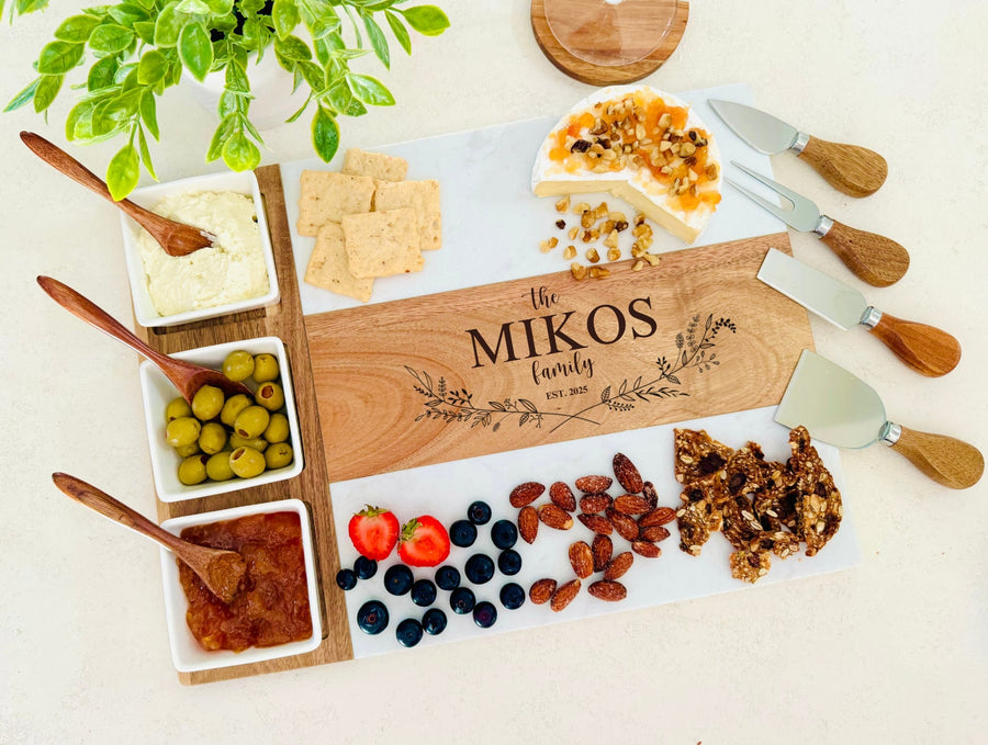 Marble Wood Charcuterie Board Gift Set, Wedding Engagement Gift, Unique Bridal Shower Gift, Housewarming Gift, Personalized Cheese Board