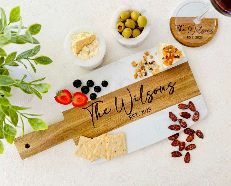 Engraved Marble Cheese Board, Custom Cutting Board with Handle, Charcuterie Board, Marble and Wood Serving Tray, Wedding Engagement Gift